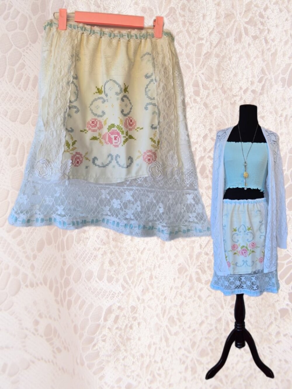 Handmade White and Cream Lace and Embroidered Linen Skirt Pink Rose Cottage